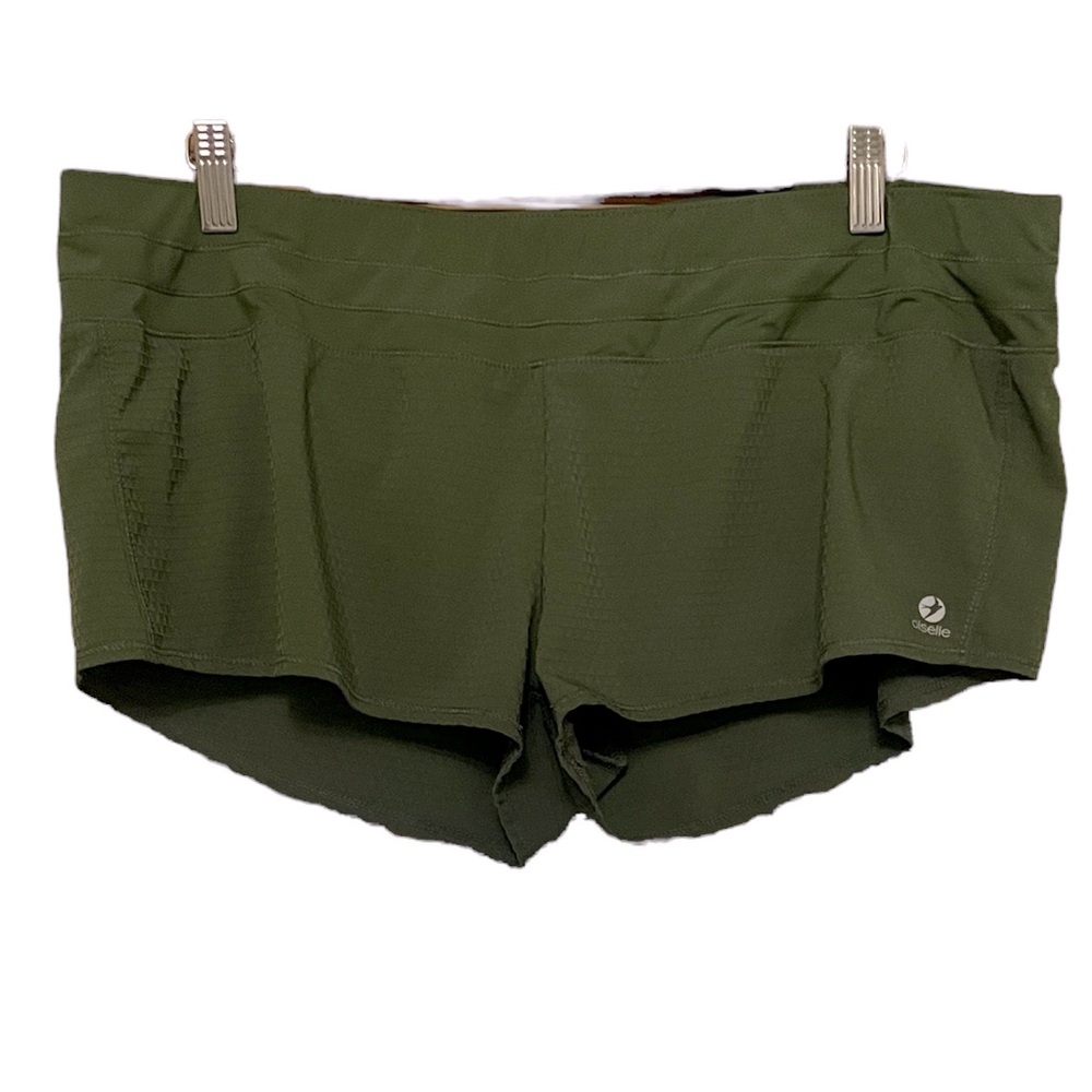 Oiselle Running Shorts back Zipper pocket Green w/ Orange Built-in Brief EUC 12